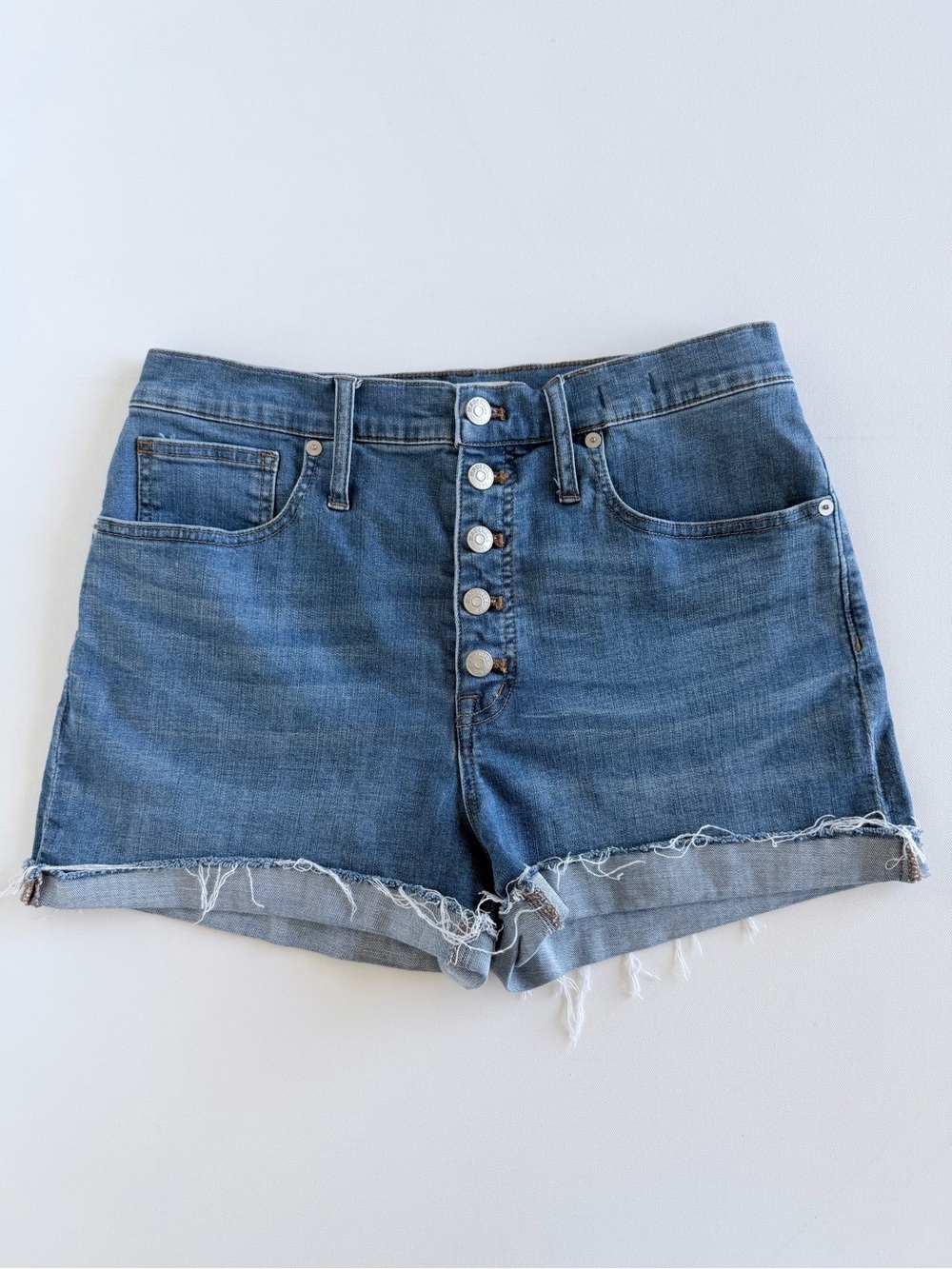 Madewell High Rise Button Fly Raw Hem Denim Jean Shorts 30 96% Cotton Stretch